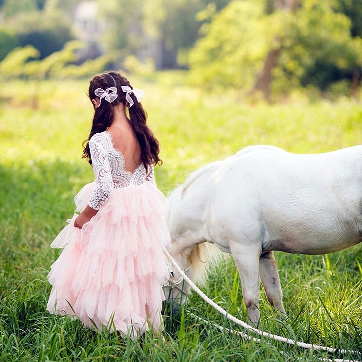 2Bunnies Girl Peony Lace Back A-Line Tiered Tutu Tulle Flower Girl Dress (Pink Long Sleeve Maxi, 9-10Yrs)