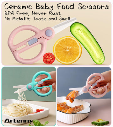 Artenny Ceramic Baby Food Scissors Kids With Travel Case, Toddler Scissors With Safety Lock, Ideal For Pizza, Meats, Noodles, Ve
