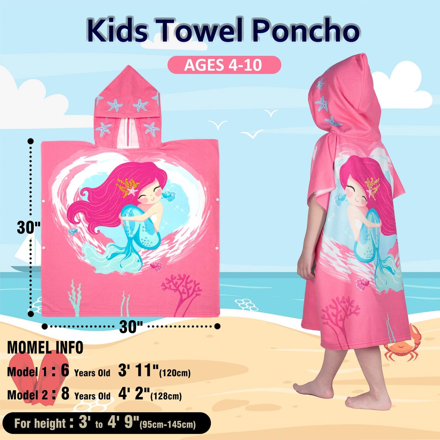 Growell Hooded Kids Beach Towels - Toddler Bath Towel Girls Boys Swim Cover-Ups For Ages 4 To 10 Kids Pool Towels Quick Dry Ligh