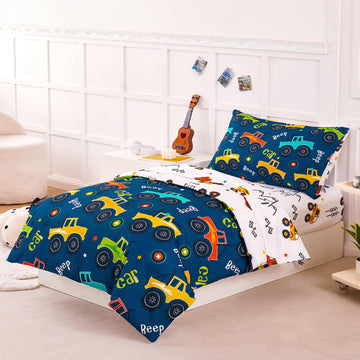 Perfemet Navy Blue Car Print Toddler Comforter Set, 4 Pieces Toddler Beeding Sets For Boys, Soft Reversible Kids Bed Set, Fluffy