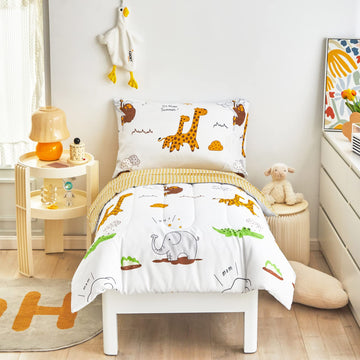 Flysheep 4 Piece White Toddler Bedding Set For Baby Girls And Boys, Cute Animals Printed - Includes Quilted Comforter, Flat Shee
