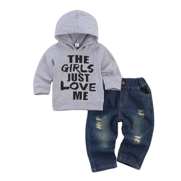 Fhutpw Toddler Baby Boy Outfits Hoodie Sweatshirts & Jeans Clothes Set Fall Winter 6 9 12 18 24 Months (A-Gray, 6-12 Months)