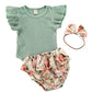 Newborn Baby Girls Cotton Short Sleeve Ruffle Bodysuit And Floral Shorts Headband Outfit Summer Clothes Set (12-18 Months, Green