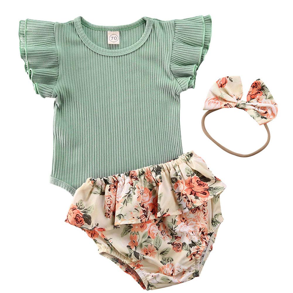 Newborn Baby Girls Cotton Short Sleeve Ruffle Bodysuit And Floral Shorts Headband Outfit Summer Clothes Set (12-18 Months, Green