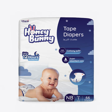 Honey Bunny Tape Diaper For Baby | Nb Size | 66 Pack | Ultra Thin | Cottony Super Soft | Super Fast Absorption | 05 Kg