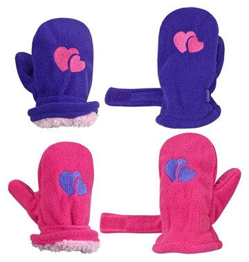 N'Ice Caps Little Kids And Baby Easy-On Sherpa Lined Fleece Mittens - 2 Pair Pack (Purple Hearts/Fuschia Hearts, 2-3 Years)