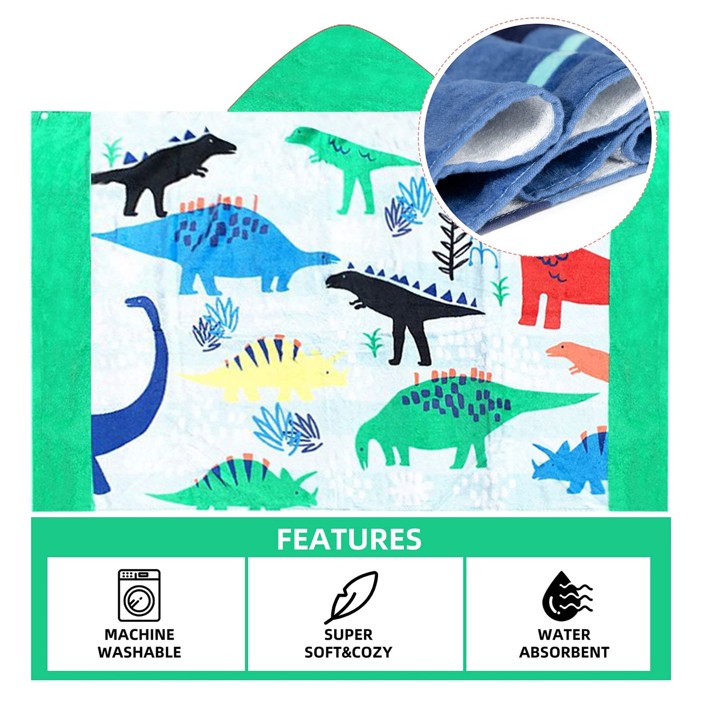 Bangsaur Kids Hooded Bath Beach Towel, 100% Cotton 50'X30' Wrap, Toddlers Girls Boys 3-12 Years Coverup(Dinosaurs)