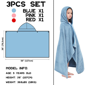 Hiturbo 3Pcs Kids Fleece Hooded Towel: Soft Plush Warm Blanket - 50'X30' Pool Beach Bath Swim Towel Wrap For 3-12 Yrs (Blue+Pi