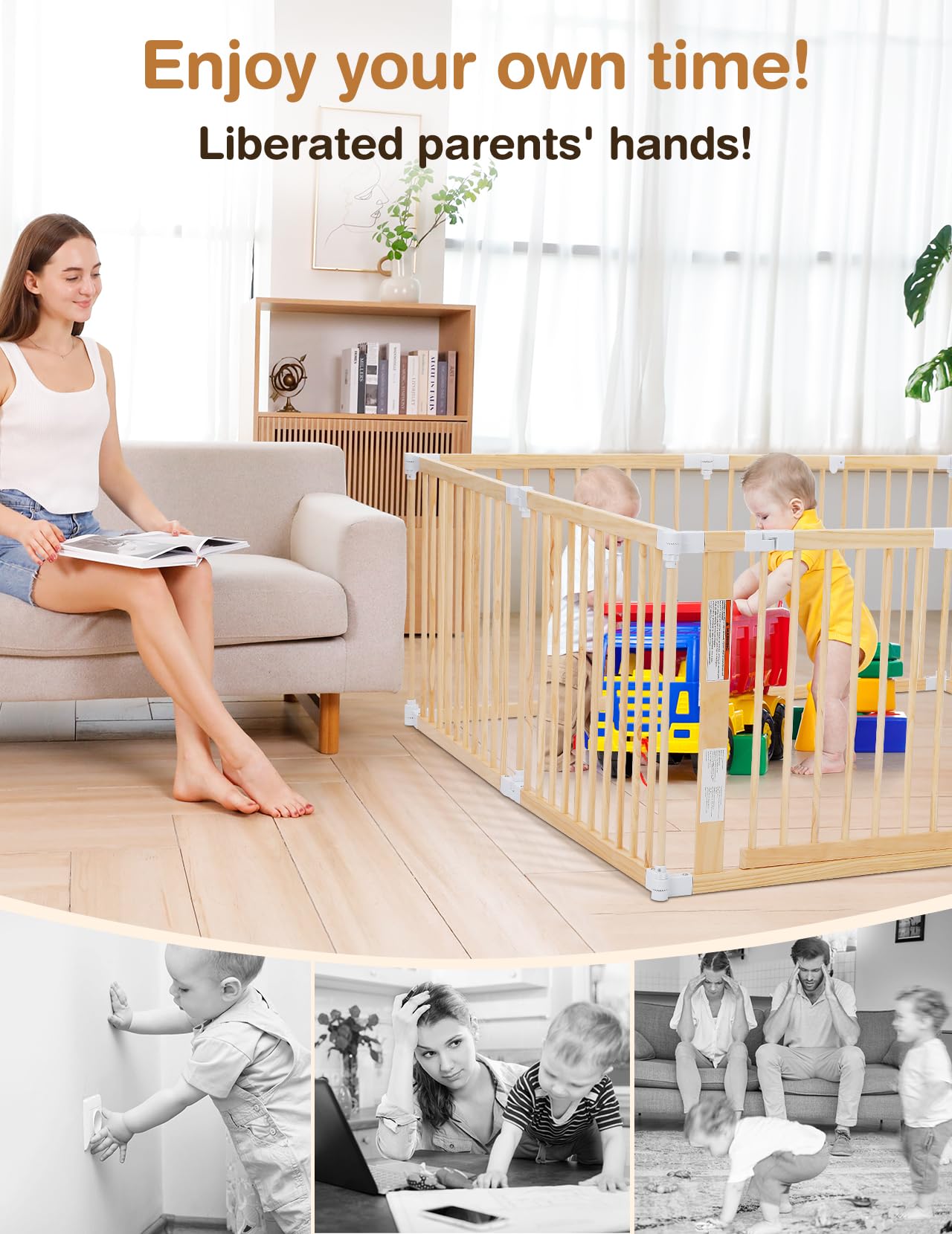 Kidirect Wooden Baby Playpen Foldable, Pre-Assemble Baby Gate Play Pen, Large Adjustable Playpen For Babies And Toddlers, Extra