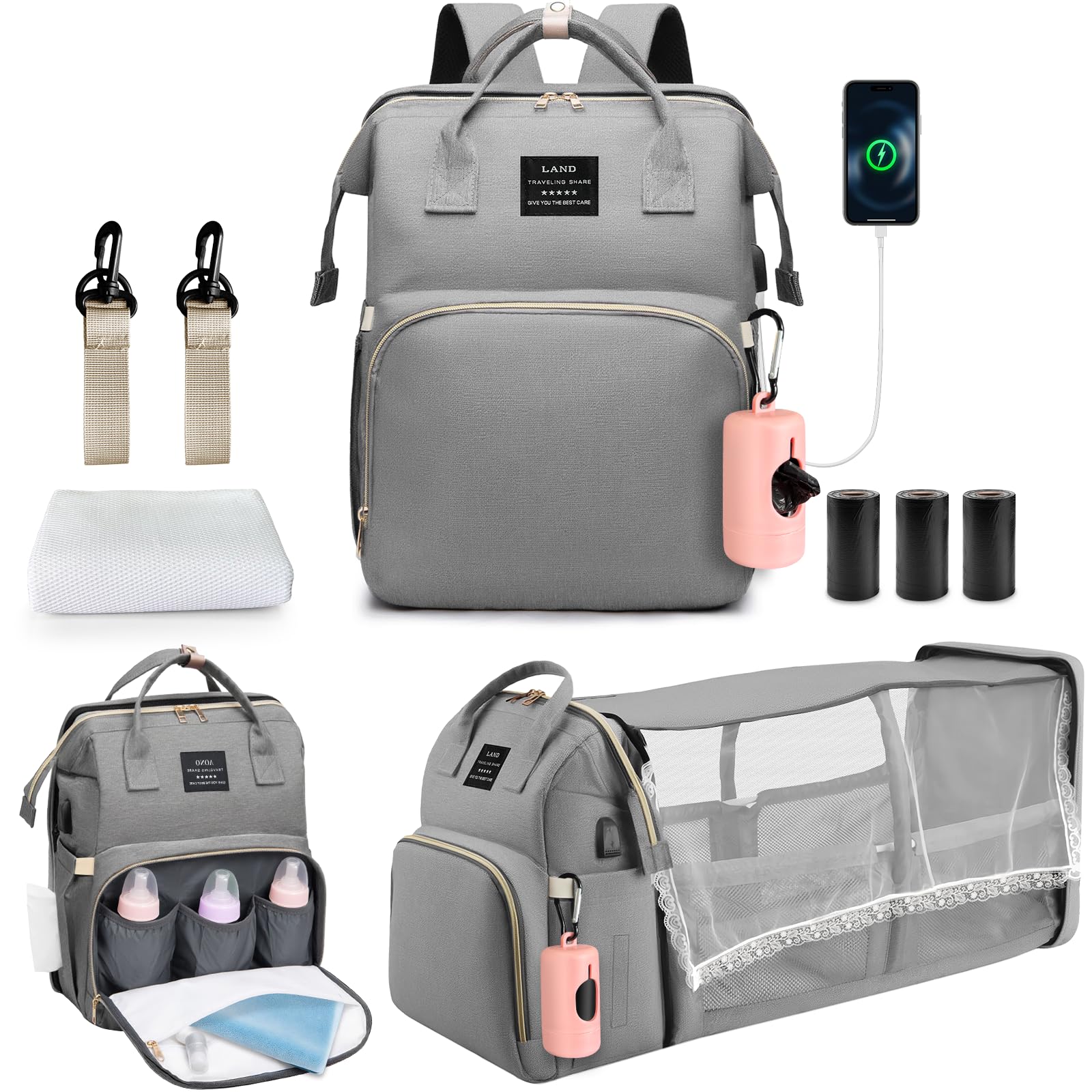 juman Diaper Bag Backpack, Large Diaper Bag with Changing Station, Baby Bag with USB Charging Port, 3 Rolls of Waste Bags with D