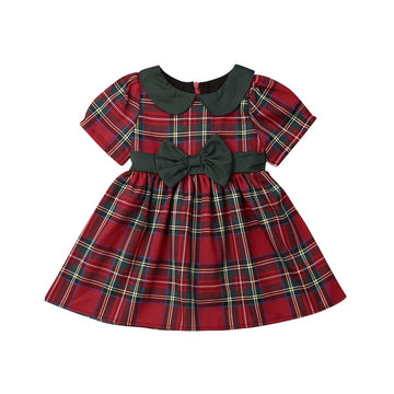 Kuriozud Toddler Baby Girl Plaid Dress Short Sleeve Bowknot Party Dress (Palid Dress With Green Bow, 1-2T)