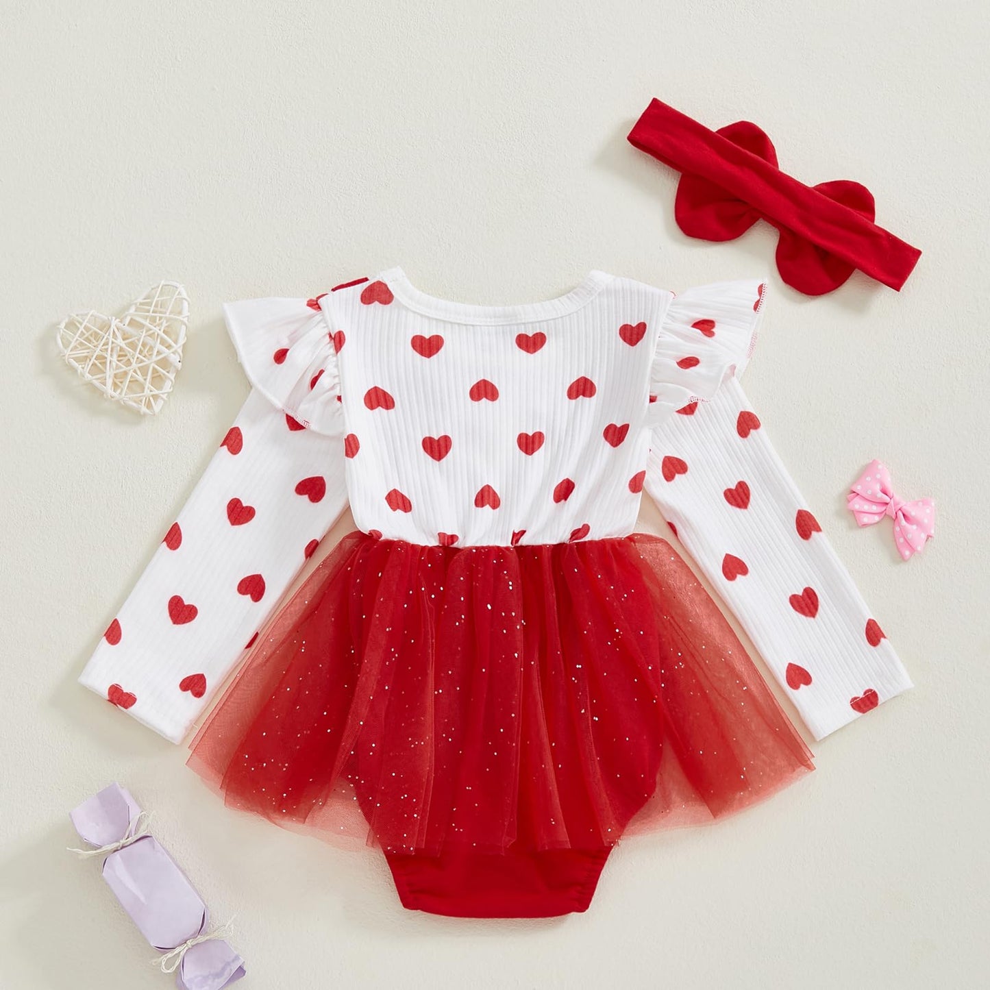 Baby Girl Valentine Outfit - Heart Romper Dress & Onesie For Newborns (Red, 6-9 Months)