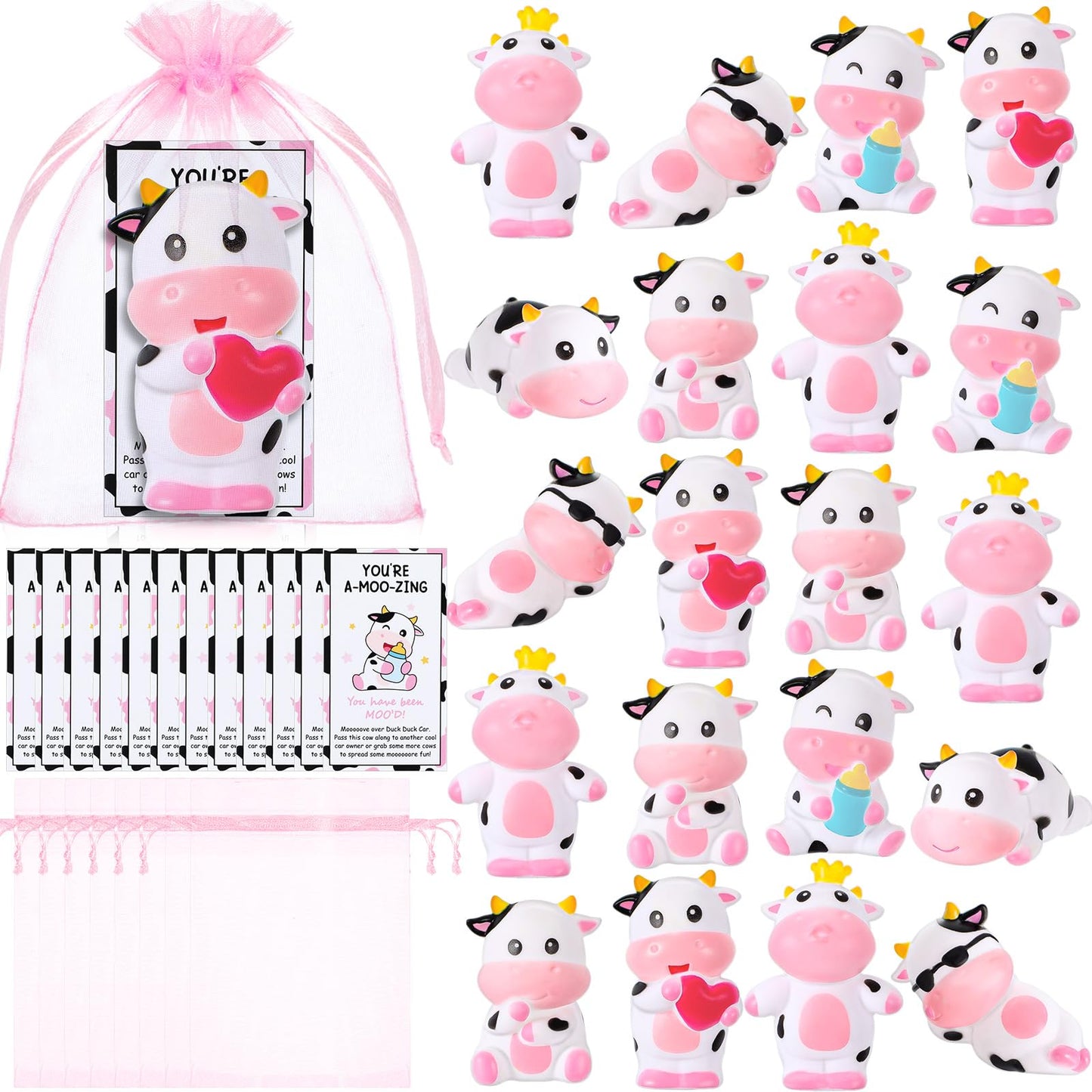 Jenaai 24 Sets Cute Rubber Cow Gifts Set Include Squeak Floating Cows Moo Moo Cards Organza Bags Rubber Animals Figures Bathtub 