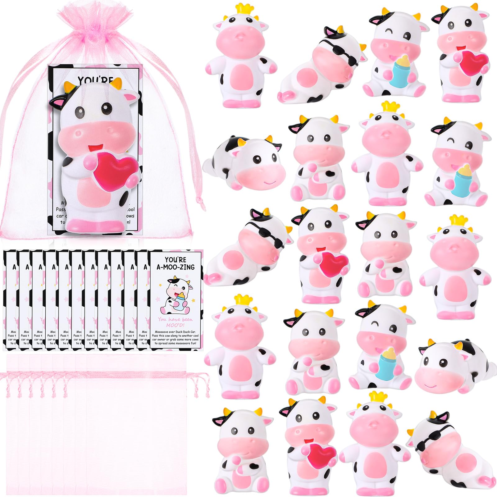 Jenaai 24 Sets Cute Rubber Cow Gifts Set Include Squeak Floating Cows Moo Moo Cards Organza Bags Rubber Animals Figures Bathtub 