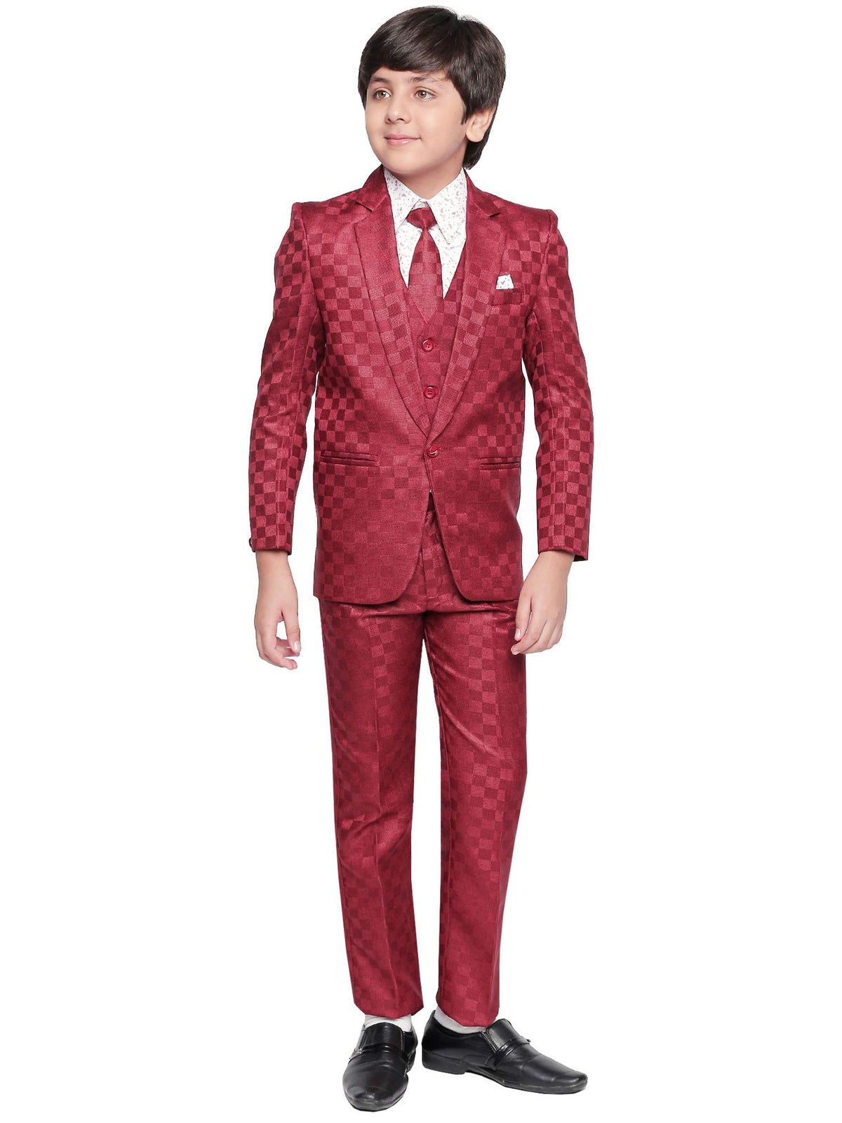 Jeetethnics Boys Maroon Checked Coat Suit Set With Waistcoat Shirt And Trousers (9017Nq)