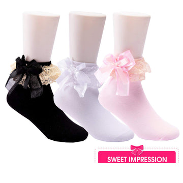 Baiyixin 3 Pack Little Girls Cotton Lace Ruffle Princess Style Dress Socks, Z-3Colors, 6-9 Years