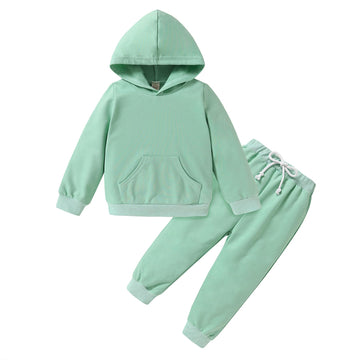 Happy Town Toddler Fall Outfits For Girl Boy Long Sleeve Hoodie Top And Long Sweatpants Set Toddler Sweatsuit (Solid Color-Green