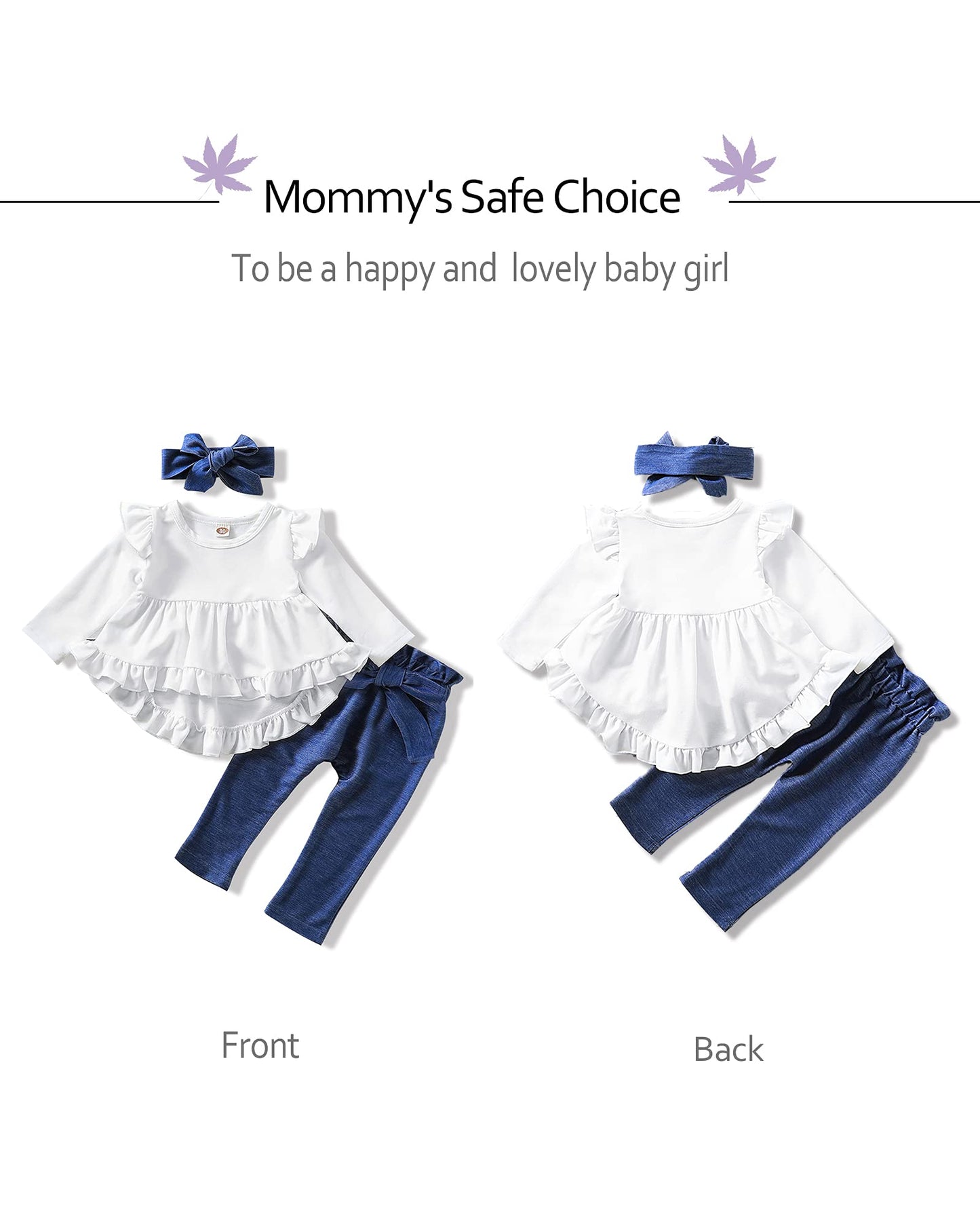 Nzrvaws Infant Toddler Baby 18 Months Girls Clothes Long Sleeve Ruffles White Shirt Tops + Denim Blue Long Pants+ Headband Fall