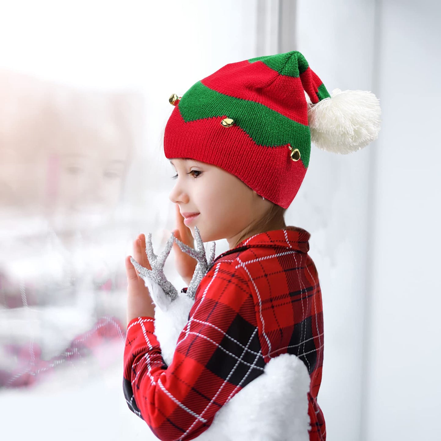 Dolkoic Christmas Elf Knitted Hat, Xmas Baby Beanie Knit Hat For Chrildrn 1 To 6 Years Old Red