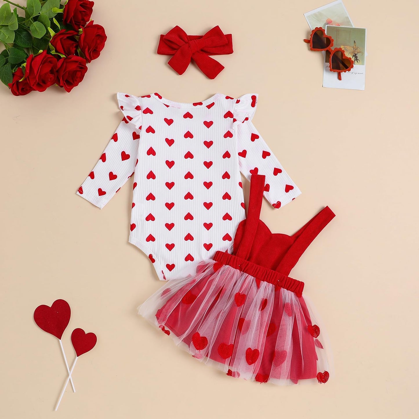 Christmas Baby Girl Outfit Newborn Cute Elk Fly Sleeve Romper Overall Dress Infant Girls Fall Winter Skirt Set (Tulle Valentines