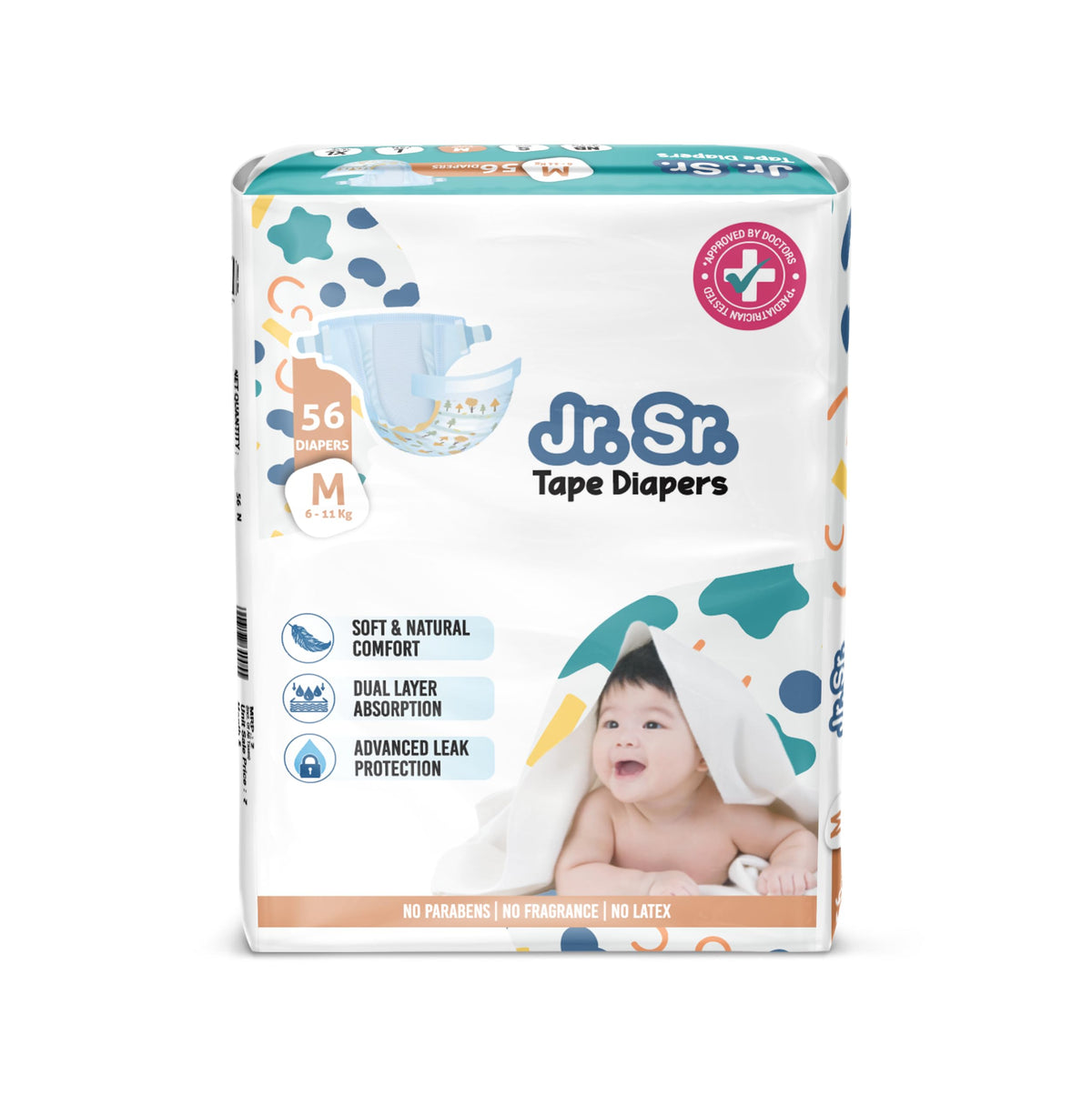 Jr. Sr. Baby Tape Style Diaper | Adjustable Fit For Babies | Medium (M) Size (611 Kg), 56 Count | Pack Of 1 | Upto 12 Hr Absorp