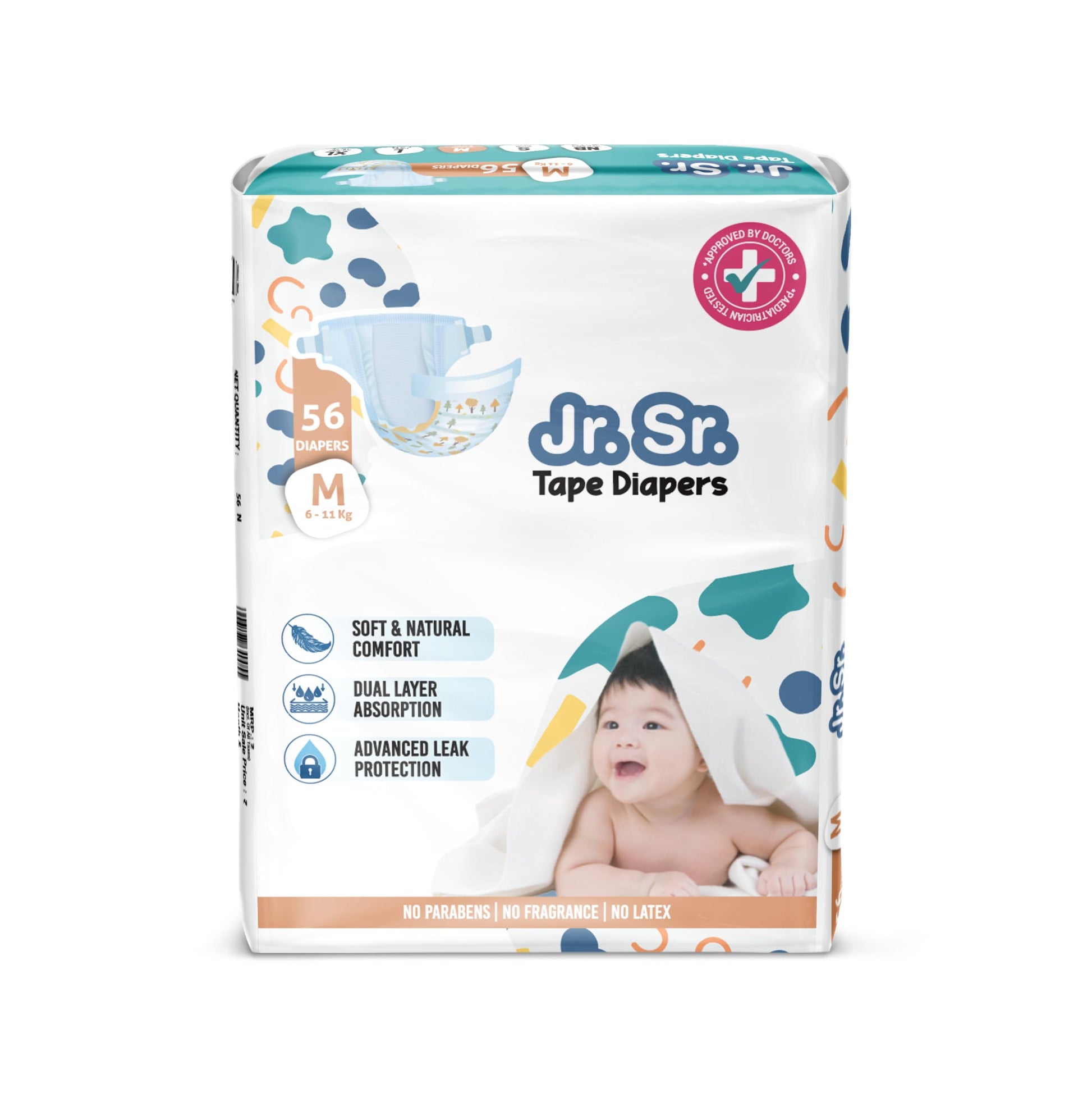 Jr. Sr. Baby Tape Style Diaper | Adjustable Fit For Babies | Medium (M) Size (611 Kg), 56 Count | Pack Of 1 | Upto 12 Hr Absorp