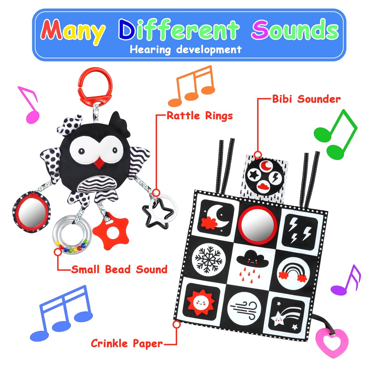 Black and White High Contrast Baby Toys 0-6 Months with Mirror, Crinkle and Rattles, Soft Baby Toys for Brain Development Montes