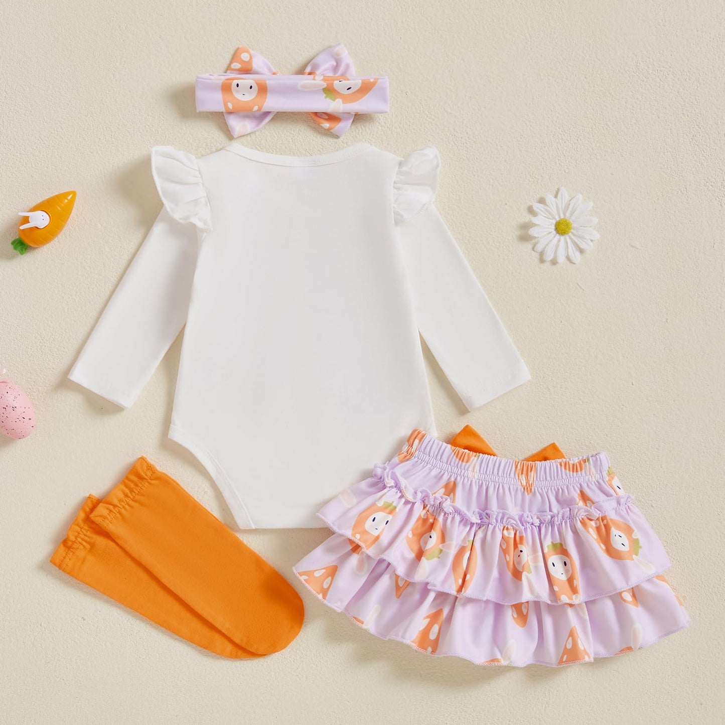 Beqeuewll Newborn Baby Girl Easter Outfit Bunny Clothes Long Sleeve Romper+Bloomers Tutu Skirt+Socks+Headband 4Pcs (Carrots Bunn