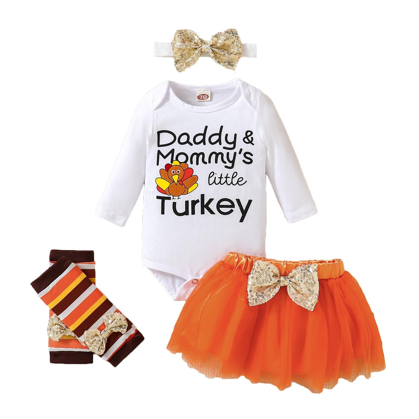 Cpei Baby Girls Thanksgiving Outfits Little Turkey Romper Bodysuit And Bow Tutu Dress And Striated Leg Warmer With Bunny Headban