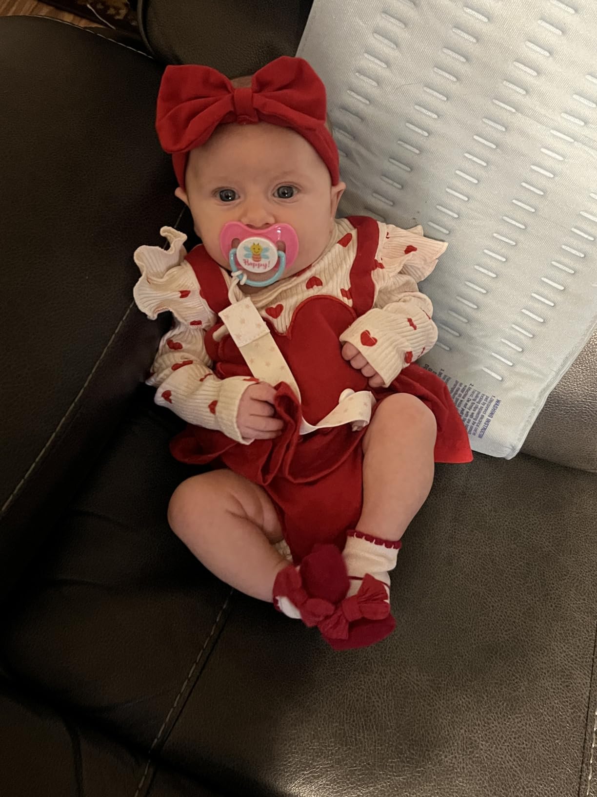 Visgogo Toddler Baby Girl Valentines Day Romper Dress Ruffles Long Sleeve Heart Print Clothes Jumpsuit With Headband (A-Red, 3-6