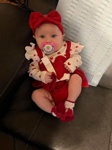 Visgogo Toddler Baby Girl Valentines Day Romper Dress Ruffles Long Sleeve Heart Print Clothes Jumpsuit With Headband (A-Red, 3-6