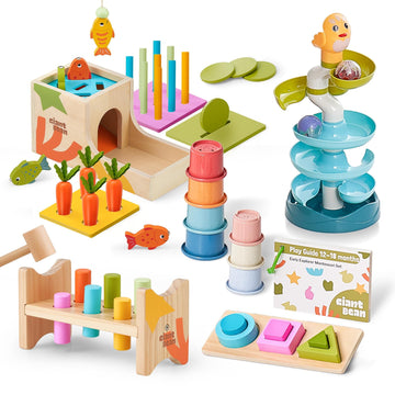 Giant bean 8-in-1 Wooden Montessori Toys Set Learning Toys for Baby 12-18 Month with Object Permanence Box, Senser Ball Roll Tow