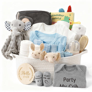 Giftissimo 28 Piece Baby Shower Gifts for Boys, Baby Essentials for Newborn, Large Baby Boy Gift Basket, Gender Reveal Gifts, Ba