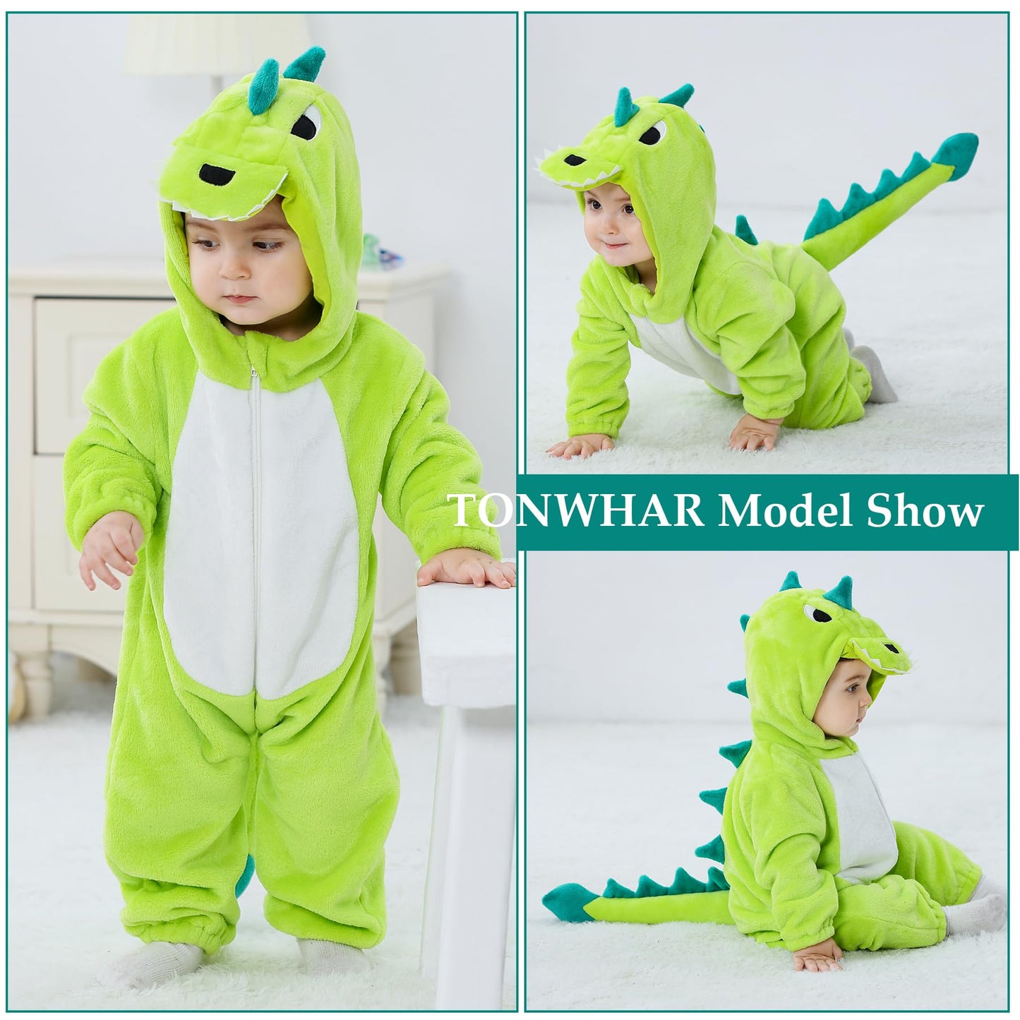 Tonwhar Unisex Baby Animal Halloween Costume Kid'S And Toddler'S Autumn Winter Outfits Jumpsuit(2-3T,Light Green Dino)