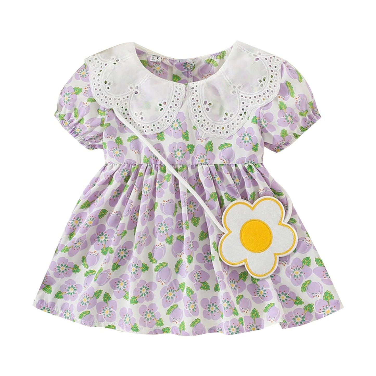 Bold N Elegant Baby Girl Floral Print Georgette Frock Dress With Coin Purse Bag For Infant Toddler Baby Girls (23 Years, Purple
