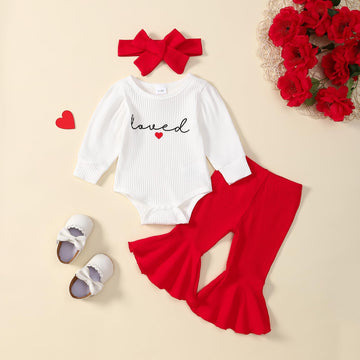 Adxsun Baby Girl Valentine'S Day Outfits Heart Print Romper+Flared Pants+Headband Infant Clothes 0-18 Months