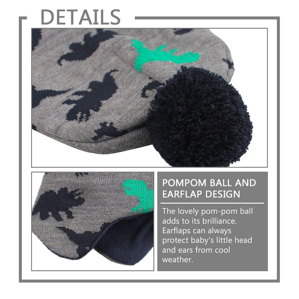 Jangannsa Knitted Baby Hat Scarf Set Winter Warm Boys Girls Beanie Fleece Lining Toddler Kids Hats With Pompom (Gray Dinosaur Ha