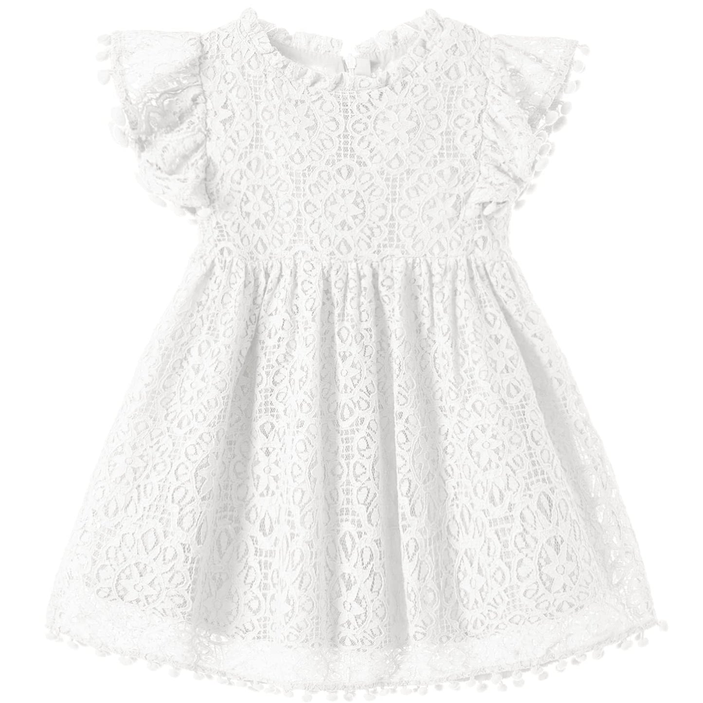 Niyage Toddler Girls Elegant Lace Pom Pom Flutter Sleeve Party Princess Dress White 120