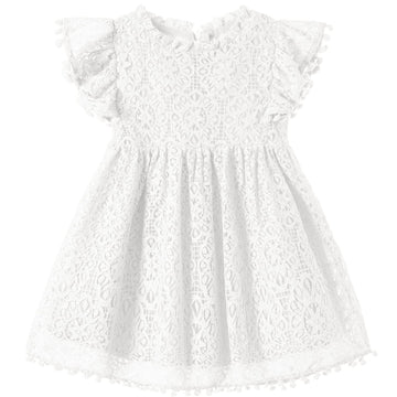 Niyage Toddler Girls Elegant Lace Pom Pom Flutter Sleeve Party Princess Dress White 120