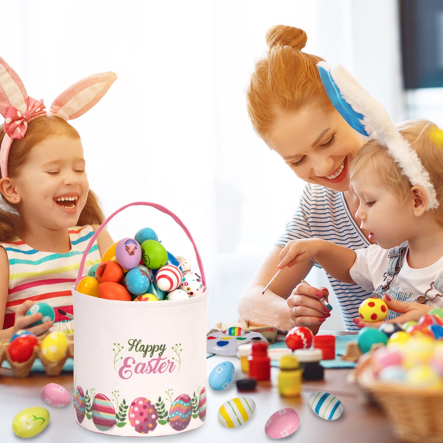 Lessmo 2 Pcs Easter Bunny Basket Egg Buckets Gifts Tote Bags, Canvas Cotton Pink Green Cute Personalized Egg Hunt Basket Stuffer