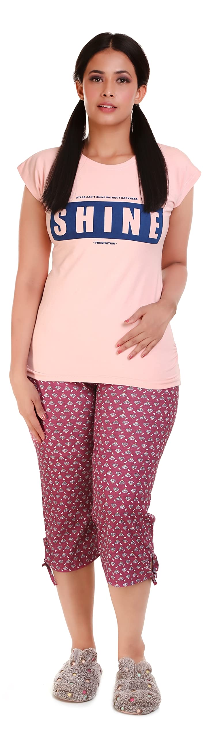 MUKHAKSH (Pack of 1 Sets = 1 Tops + 1 Capris Girls Printed Exxport Night Suit Tops + Capris 3/4, Print May Varyvery Comfortale M