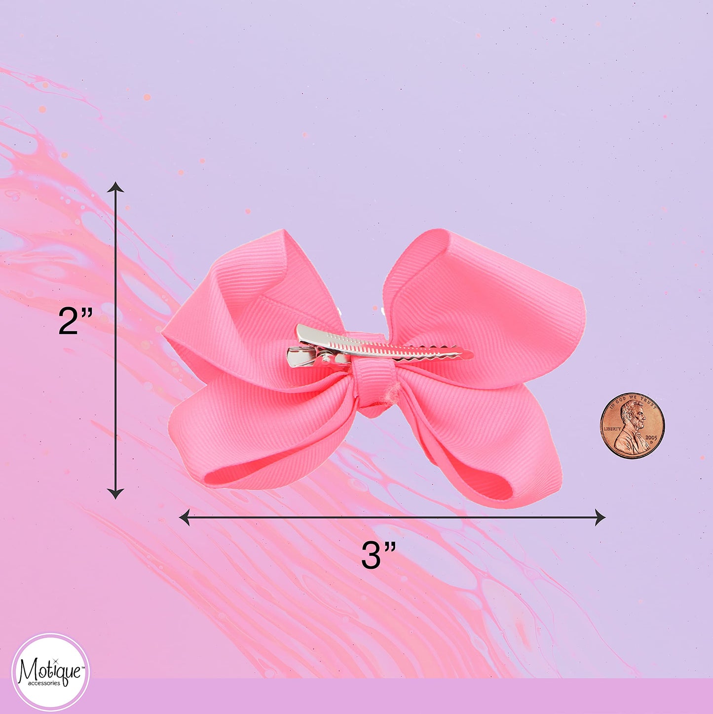 3 Inch Grosgrain Bow For Little Girls- Set Of 2 (Neon Pink)