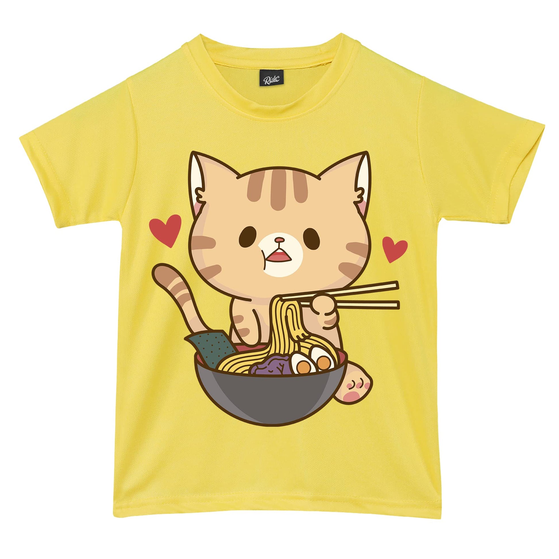RISH Tshirt for Boys and Kids | Soft Quick Dry Tshirts  Noodles Cat Printed Casuals  Yellow Tshirt 1824 Months