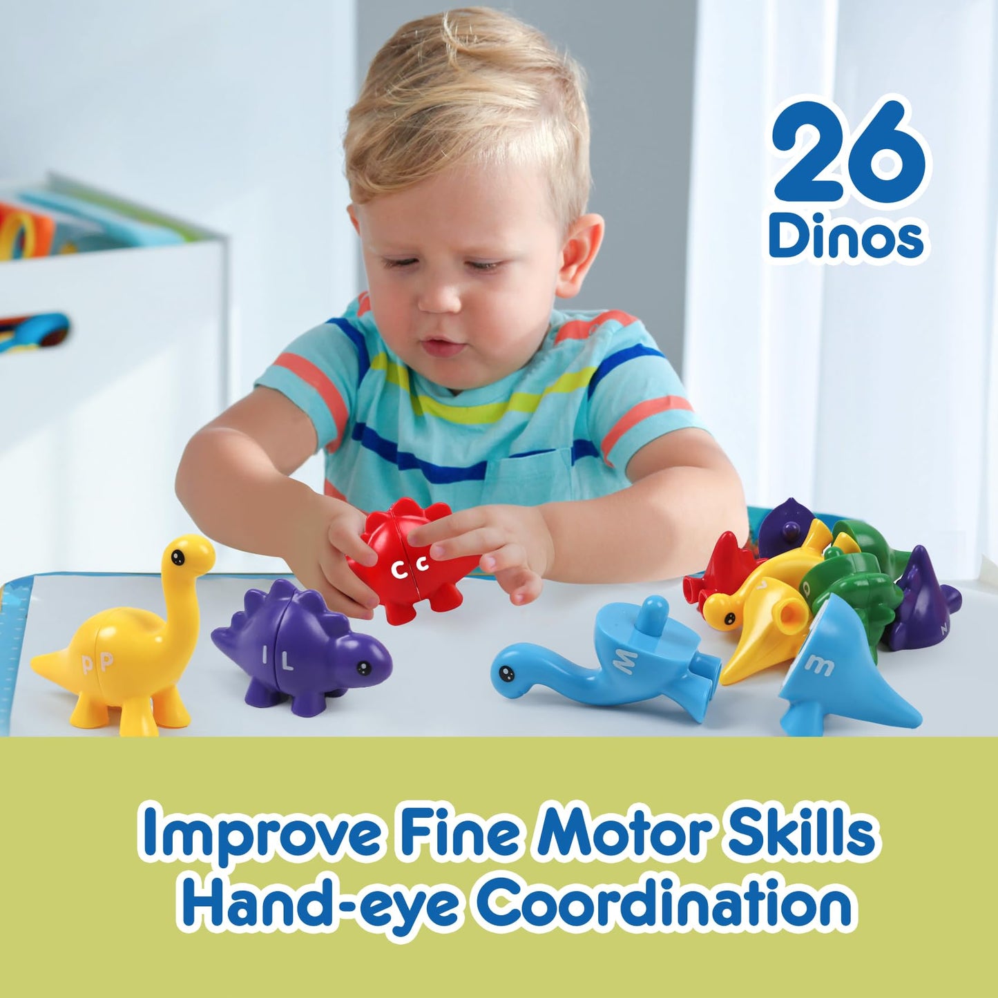 GKDOMS Alphabet Dinosaurs Matching Letters Toy, 26 PCS Double-Sided ABC Dinosaur with Uppercase Lowercase, Match and Snap Fine M