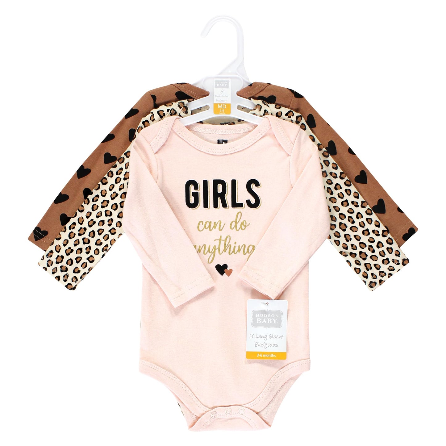 Hudson Baby Unisex Baby Cotton Long-Sleeve Bodysuits, Cinnamon Hearts 3 Pack, 9-12 Months