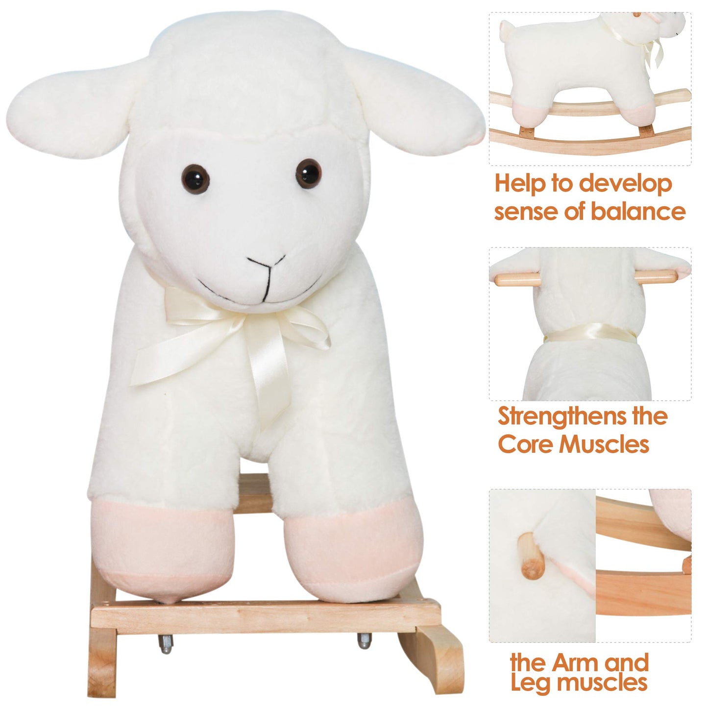 Qaba Lamb Rocking Horse Sheep, Nursery Stuffed Animal Ride On Rocker for Kids, Wooden Plush, White