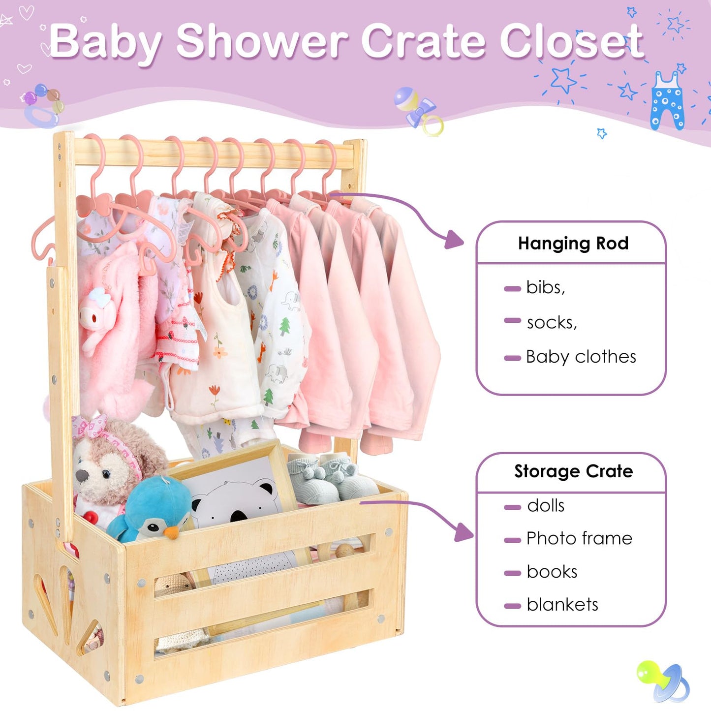 Vibaruta Wooden Crate Basket, Baby Storage Crate Closet With Adjustable Handle, Basket For Baby Shower Gifts (Natural)