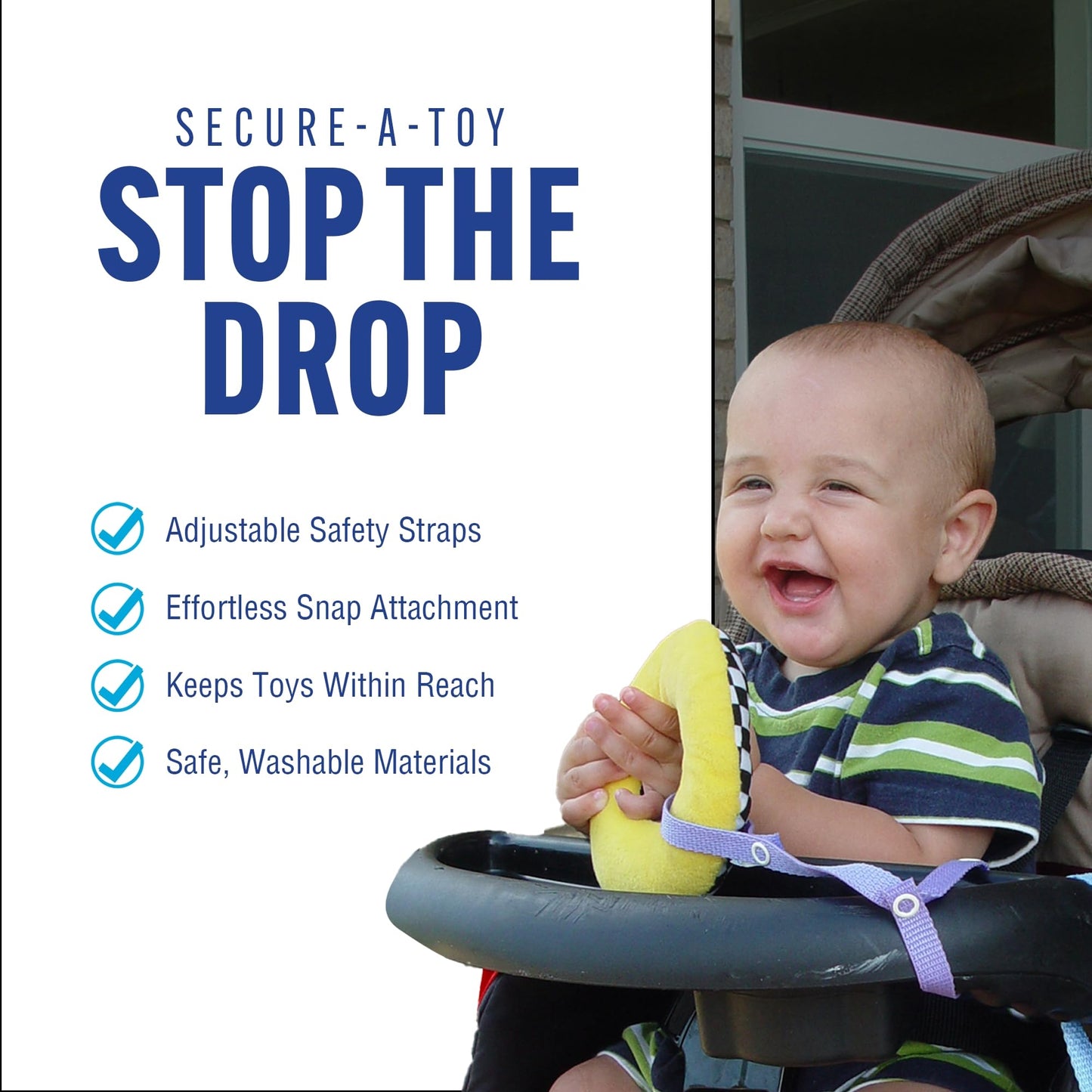 Baby Buddy Secure-A-Toy, Adjustable Pacifier And Teether Strap For Stroller, Highchair, And Car Seat, Blue With Brown Stitch, 2