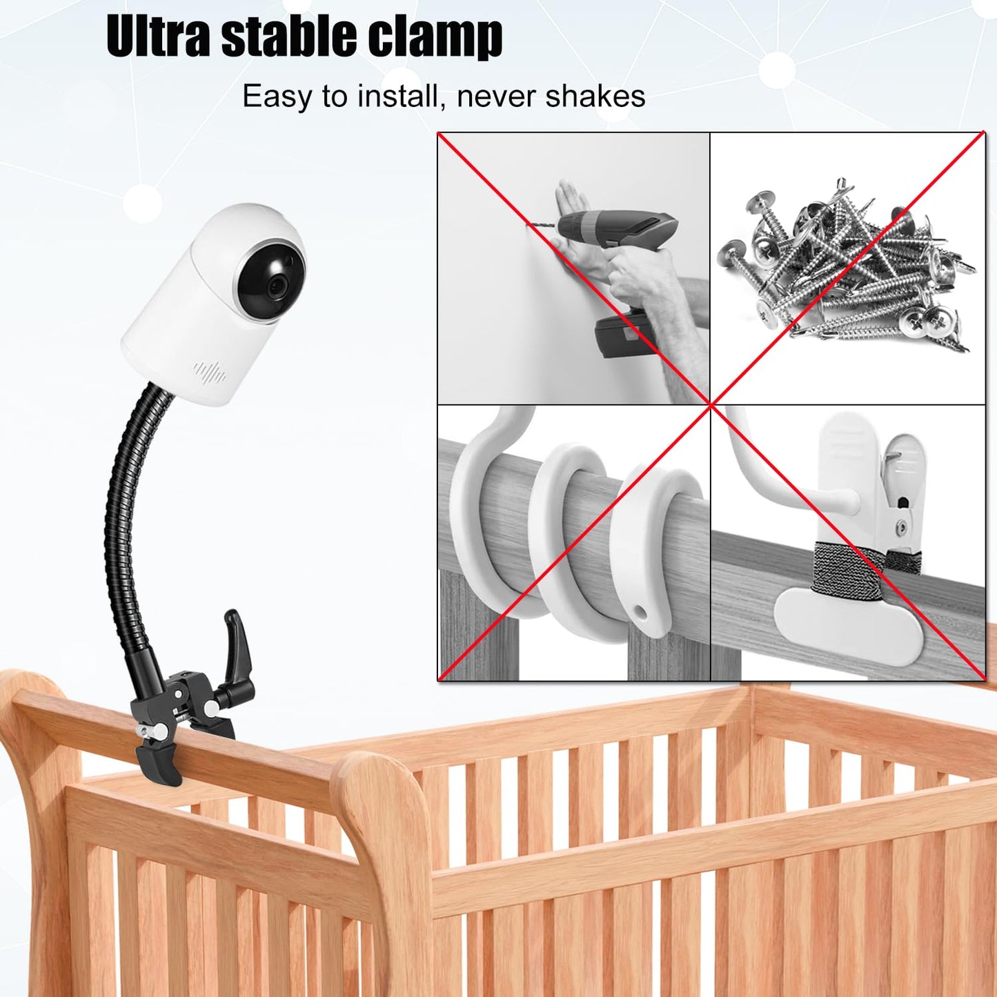 Baby Monitor Mount, Universal Baby Monitor Stand Flexible Gooseneck Arm Super Crab Clamp, Baby Monitor Crib Mount For Infant Opt