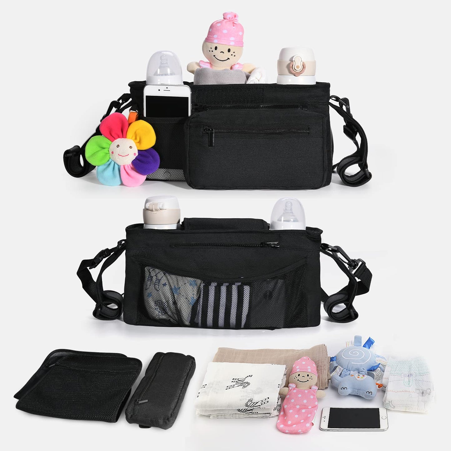 Momcozy Stroller Organizer, With 2 Non-Slip Stickers And 2 Large Capacity And Detachable Mesh Bags, Fits All Strollers Like Brit